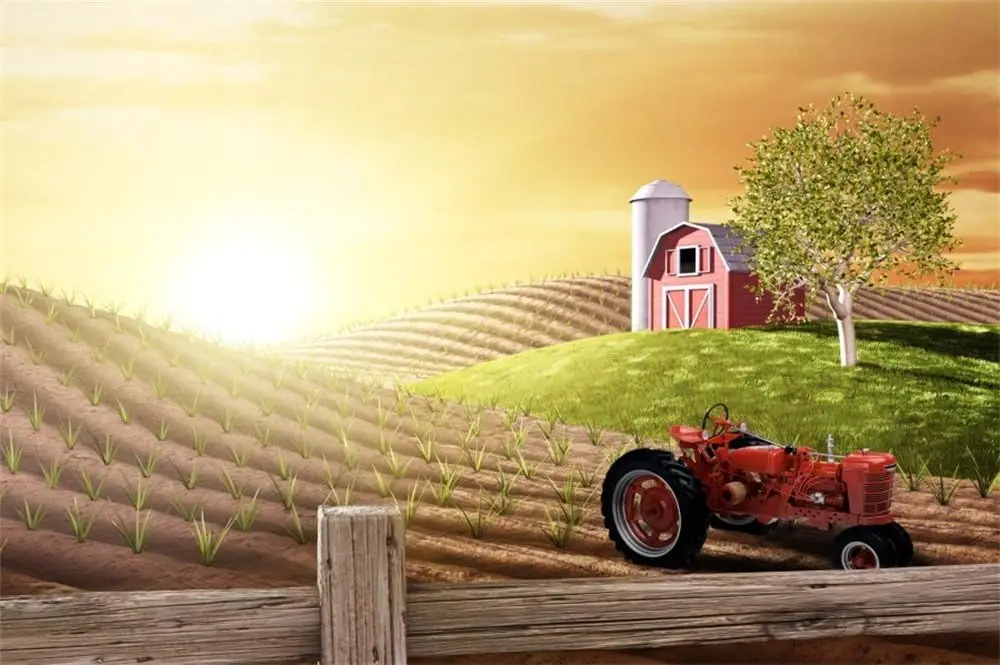 Agriculture Farming Background - ฉากหลังถ่ายภาพงานปาร์ตี้ในฟาร์มเกษตรกรรม ทิวทัศน์ชนบท นาข้าว ทุ่งหญ้า รถแทรกเตอร์ แสงอาทิตย์ยามเช้า